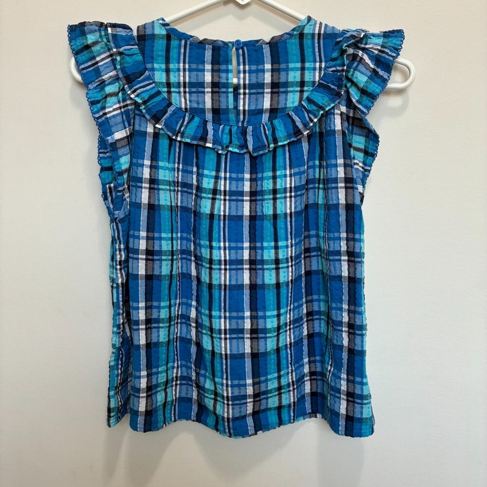 Girls Crown & Ivy Kids Plaid Ruffle Top Size L (10/12) Blue Teal NWOT